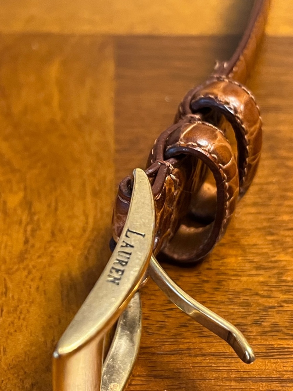Lauren Ralph Lauren Tan Croc-Embossed Leather Belt with Gold-Tone Buckle, 38 in - Picture 8 of 16